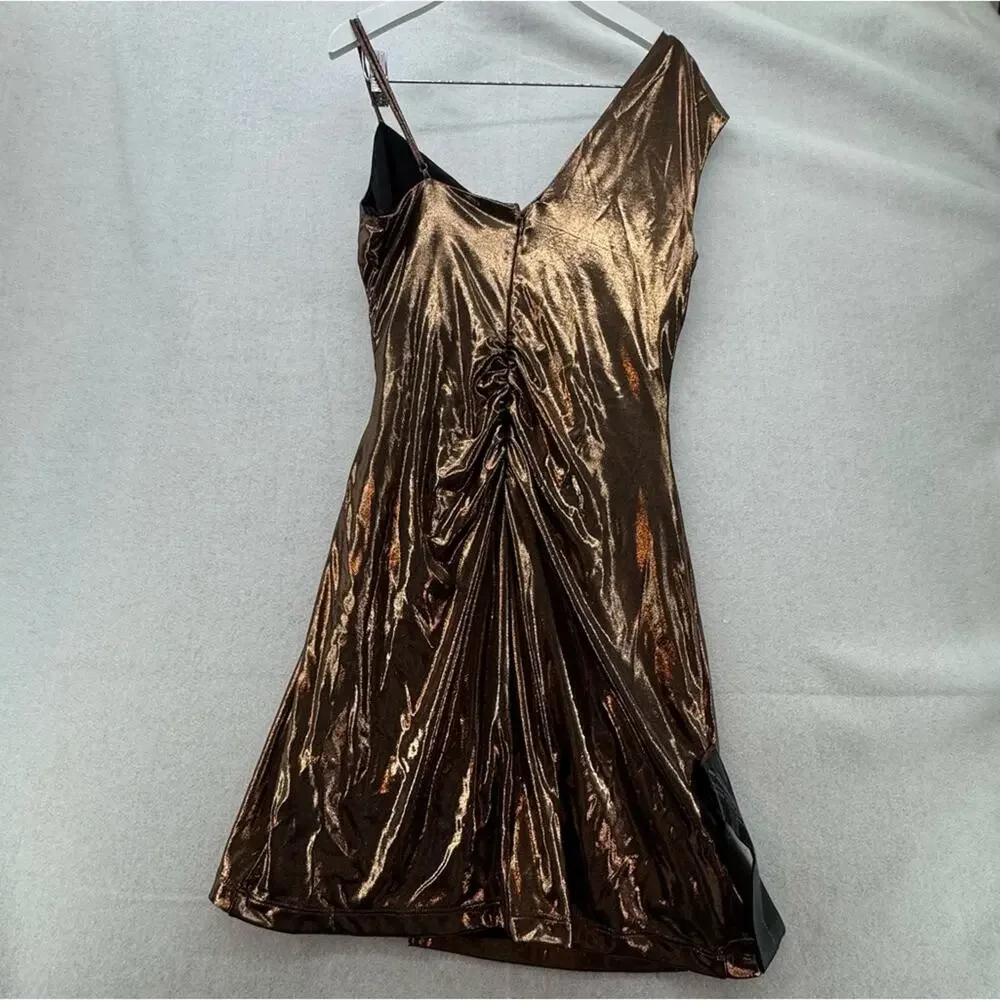 NWT BCBG Maxazria One Shoulder Rose Gold Metallic Rouched Dress size Small - Picture 2 of 6
